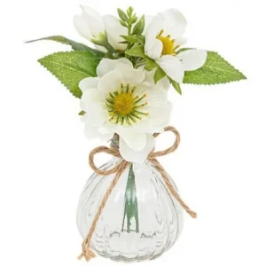 COMPOSITION FLEURS ARTIFICIELLES VASE EN VERRE 17 CM